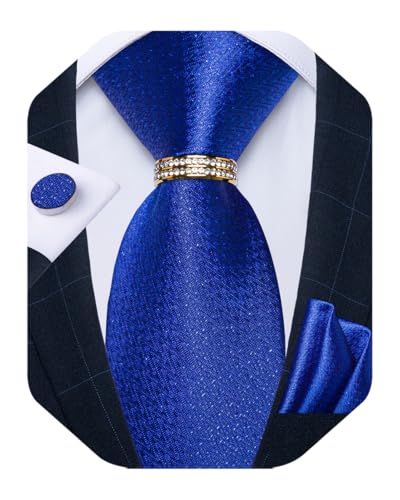 Mens Tie Set Silk Necktie and Gold Tie Ring Pocket Square Cufflinks Formal Business Wedding Ties with Gift Box