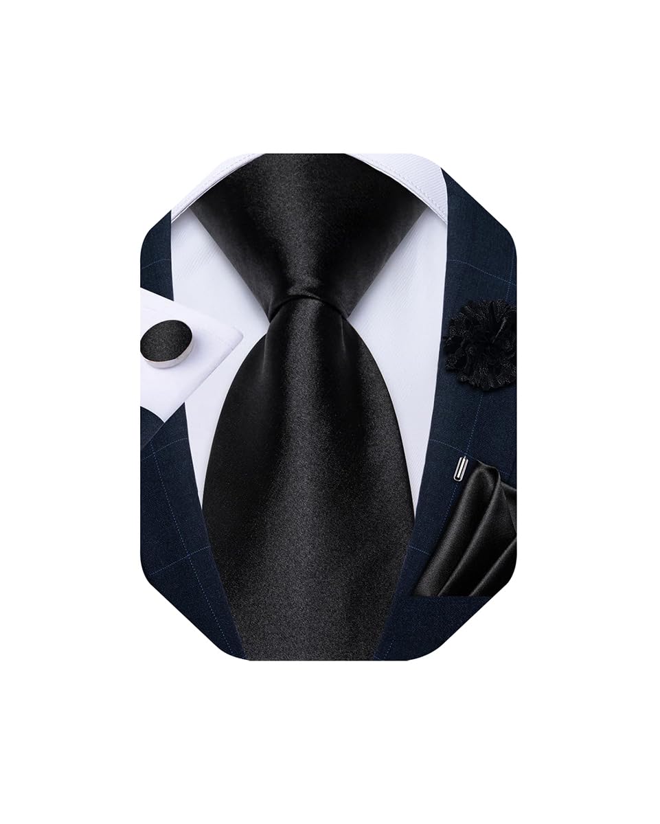 Mens Tie and Lapel Pin Set Silk Plaid Solid Paisley Necktie & Pocket Square Cufflinks for Wedding Party