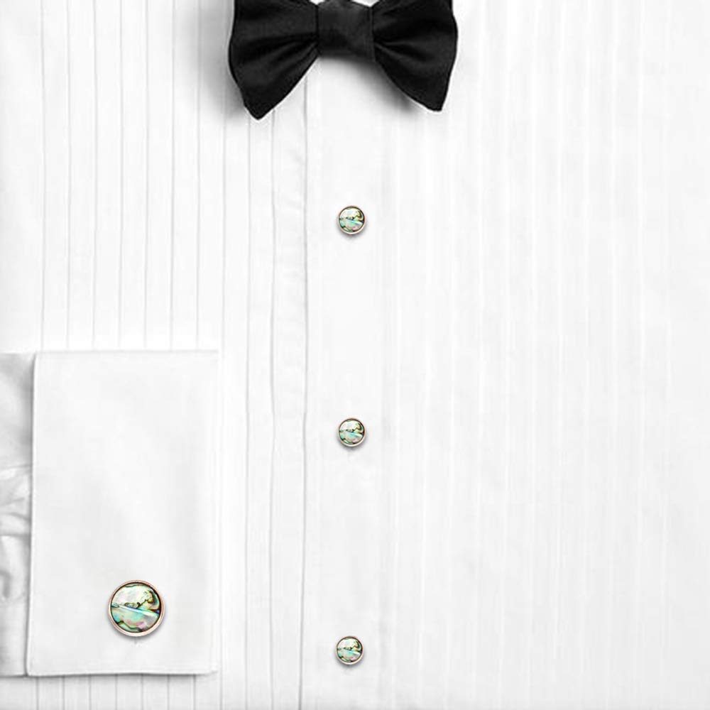 Cufflinks and Tuxedo Studs Set for Men with Gift Box, Mother-of-Pearl Cuff links for French Cuff Shirt and Dress Shirt, Suitable for Wedding, Birthday, Party
