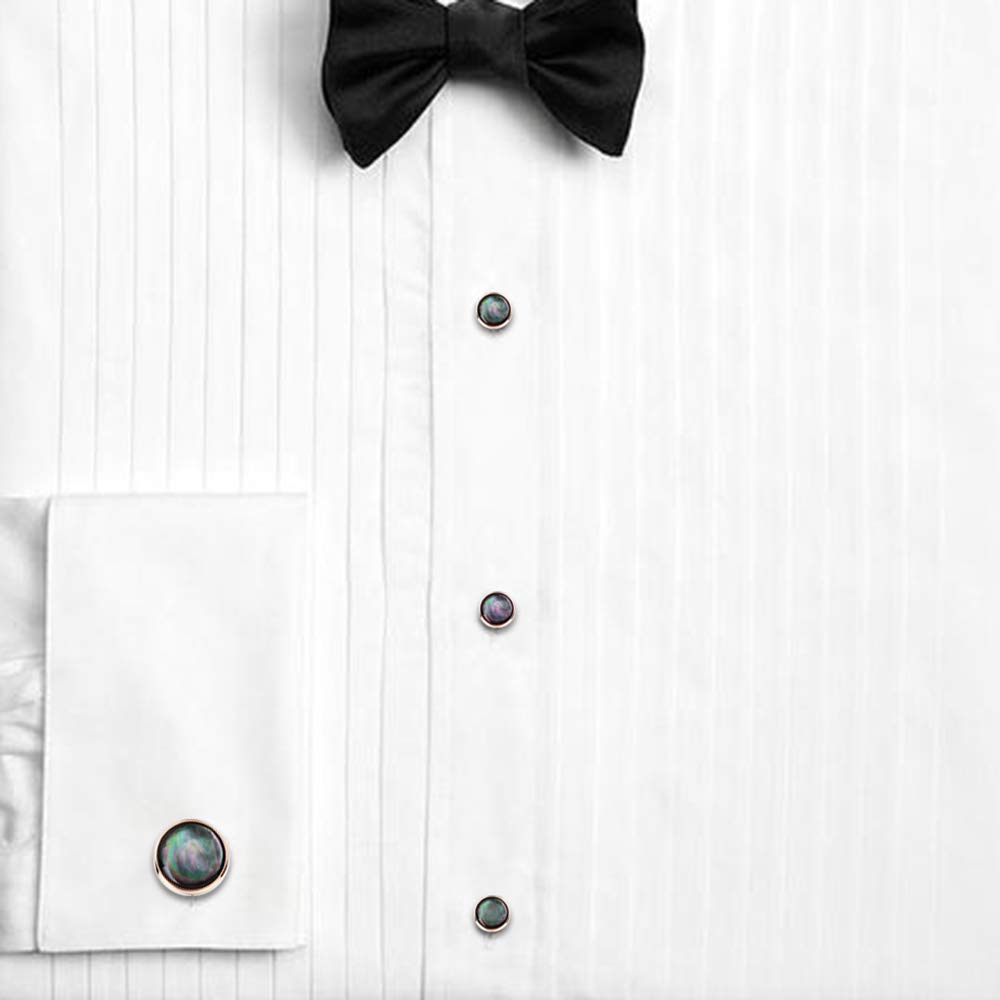 Cufflinks and Tuxedo Studs Set for Men with Gift Box, Mother-of-Pearl Cuff links for French Cuff Shirt and Dress Shirt, Suitable for Wedding, Birthday, Party