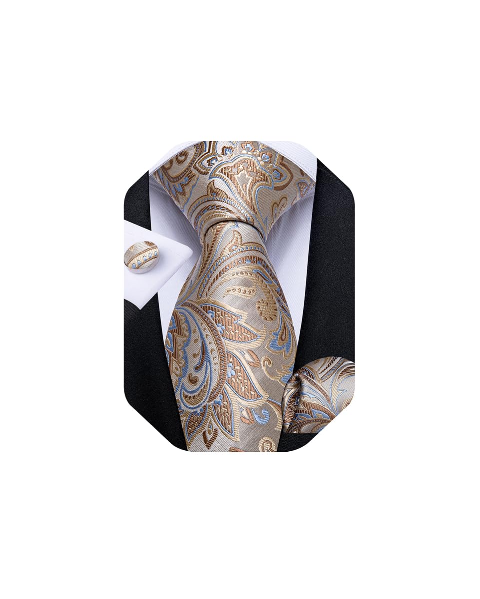 Mens Tie Set Silk Solid Paisley Necktie and Pocket Square Cufflinks Classic Formal Ties for Men Wedding Party