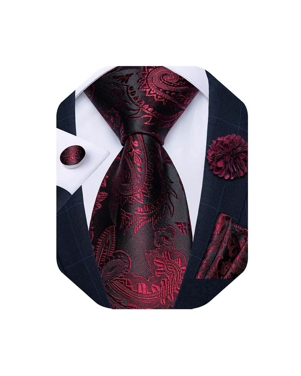 Mens Tie and Lapel Pin Set Silk Plaid Solid Paisley Necktie & Pocket Square Cufflinks for Wedding Party