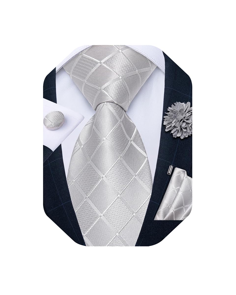 Mens Tie and Lapel Pin Set Silk Plaid Solid Paisley Necktie & Pocket Square Cufflinks for Wedding Party