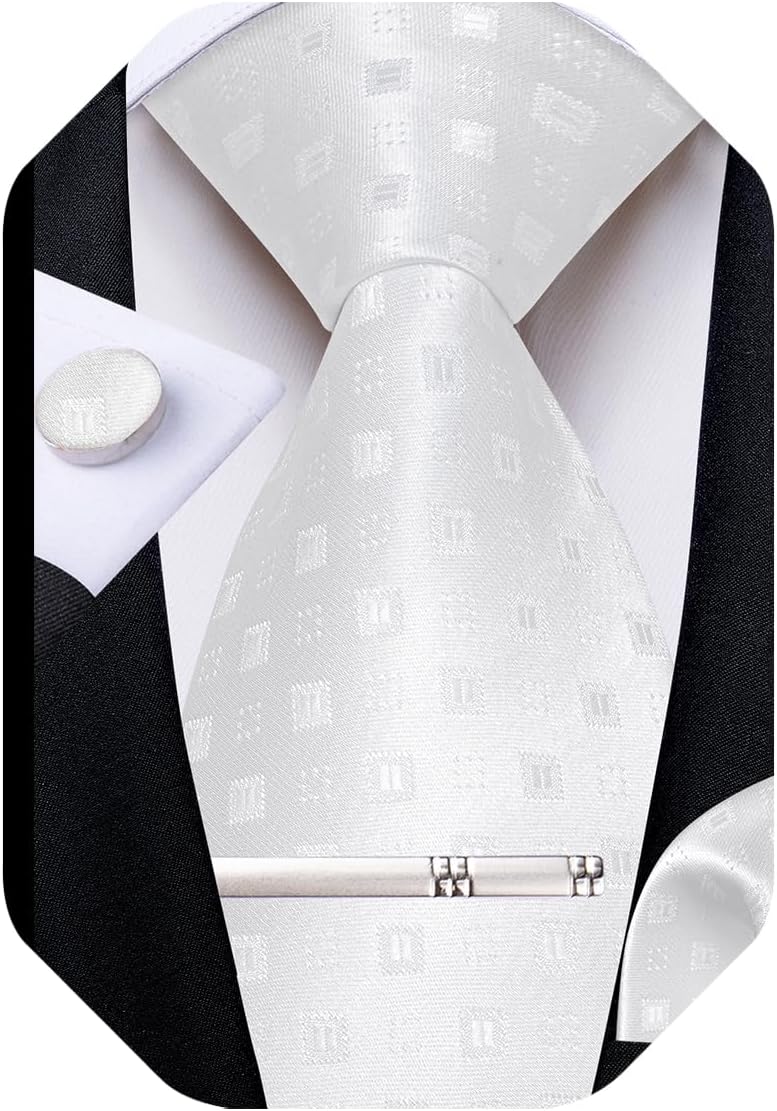Mens Tie Silk Plaid Striped Necktie and Pocket Square Cufflinks Tie Clip Set with Gift Box Formal Wedding Party