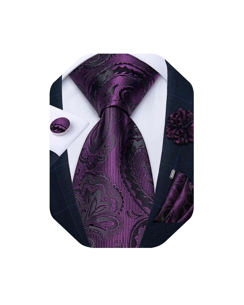 Mens Tie and Lapel Pin Set Silk Plaid Solid Paisley Necktie & Pocket Square Cufflinks for Wedding Party