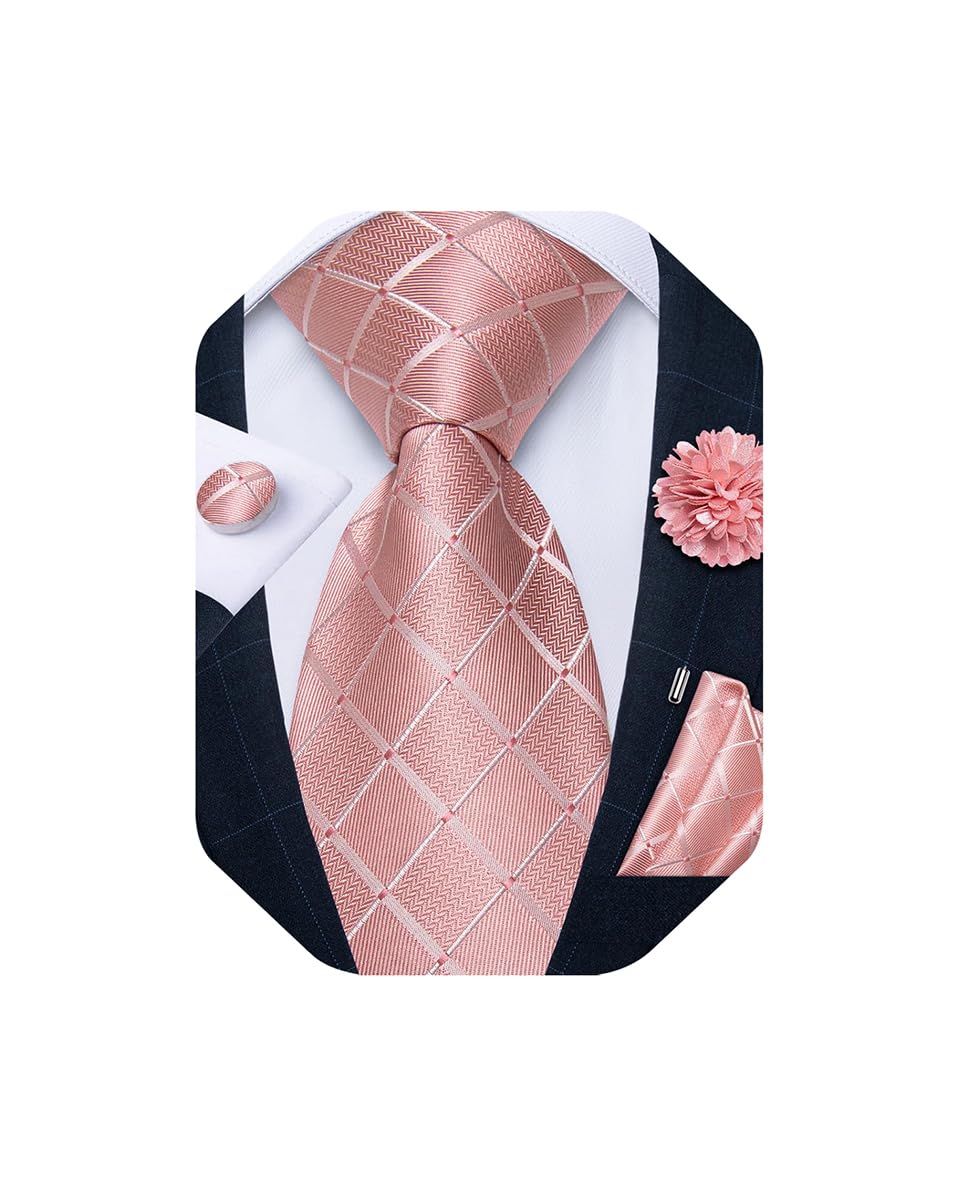Mens Tie and Lapel Pin Set Silk Plaid Solid Paisley Necktie & Pocket Square Cufflinks for Wedding Party