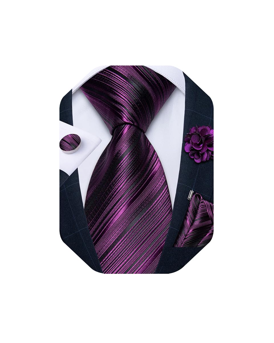 Mens Tie and Lapel Pin Set Silk Plaid Solid Paisley Necktie & Pocket Square Cufflinks for Wedding Party