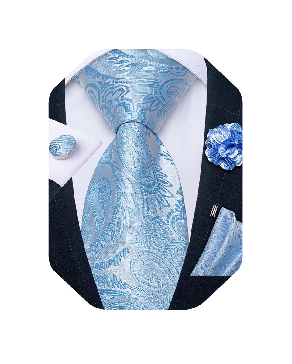 Mens Tie and Lapel Pin Set Silk Plaid Solid Paisley Necktie & Pocket Square Cufflinks for Wedding Party