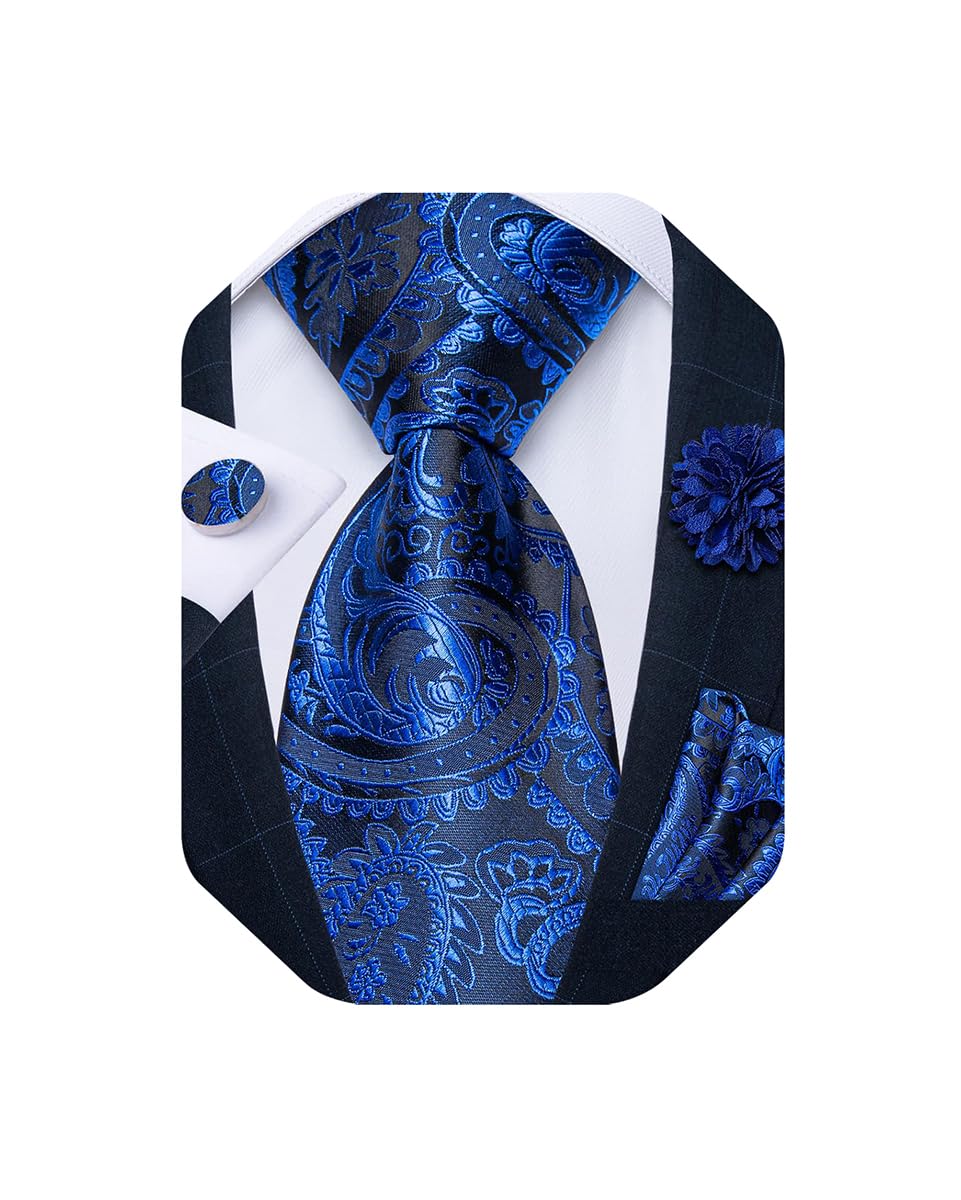 Mens Tie and Lapel Pin Set Silk Plaid Solid Paisley Necktie & Pocket Square Cufflinks for Wedding Party