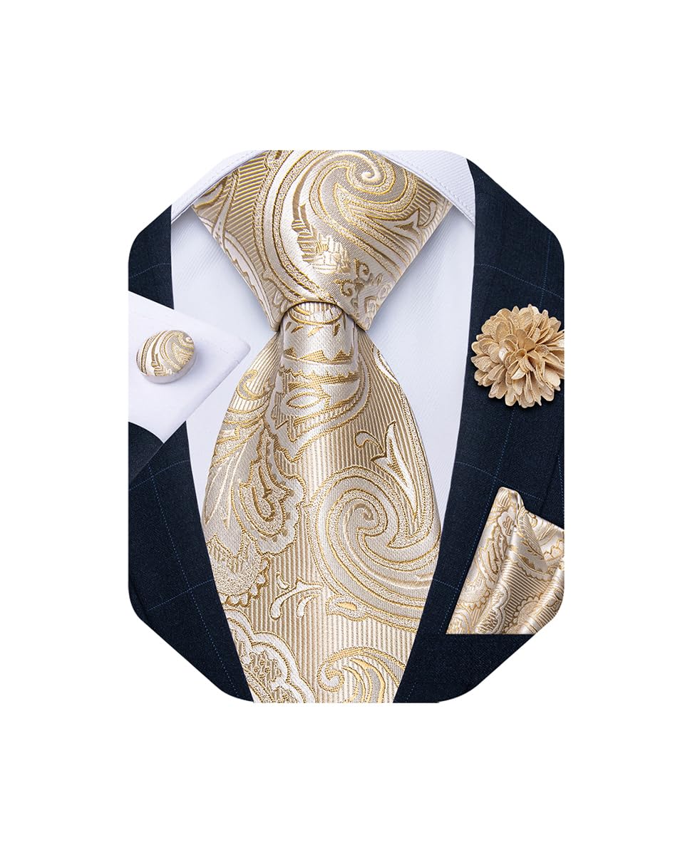 Mens Tie and Lapel Pin Set Silk Plaid Solid Paisley Necktie & Pocket Square Cufflinks for Wedding Party