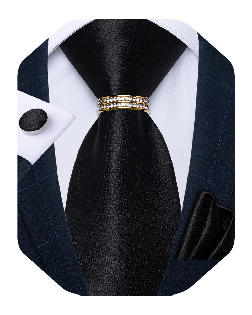 Mens Tie Set Silk Necktie and Gold Tie Ring Pocket Square Cufflinks Formal Business Wedding Ties with Gift Box