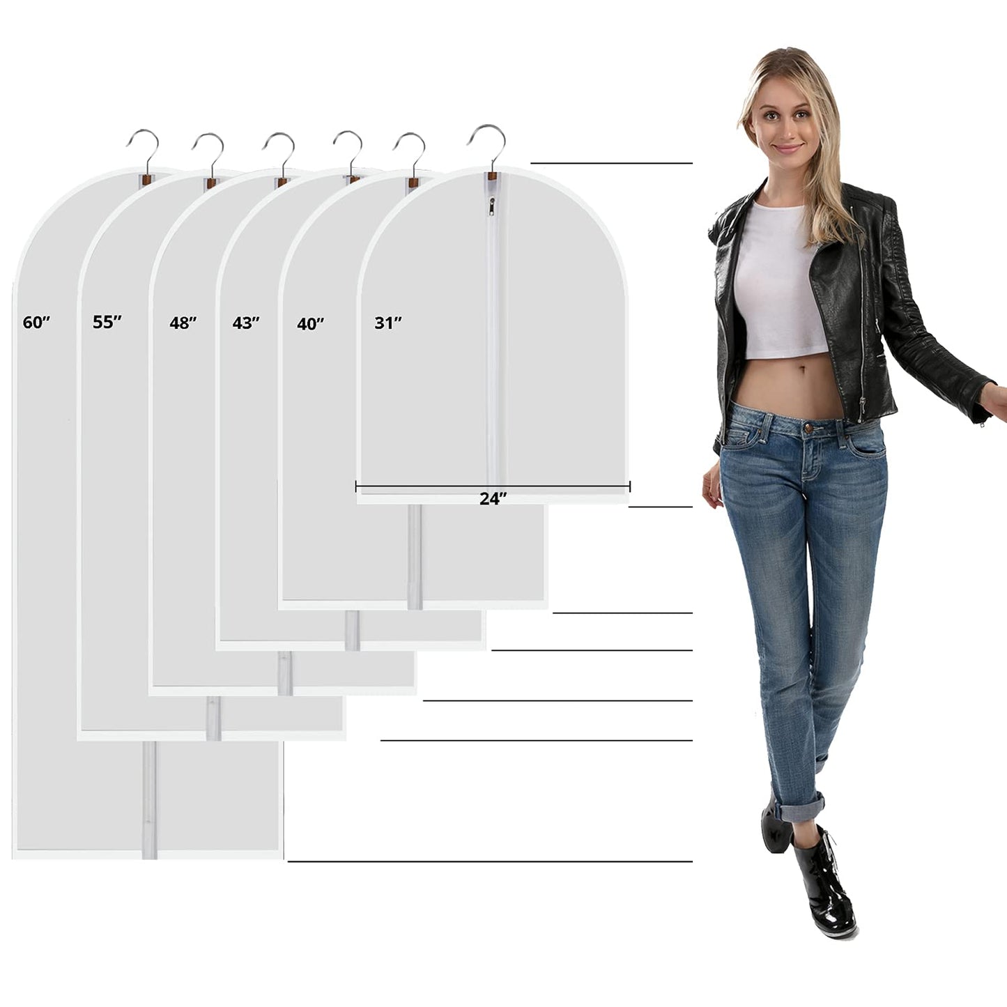 Clear Garment Bags Clothes Covers Protecting Dusts (Set of 12) for Storage Plastic Garment Bags Hanging Clothes Bags Dress Bag for Gowns Long with Zipper for Closet - 24'' x 40''/12 Pack