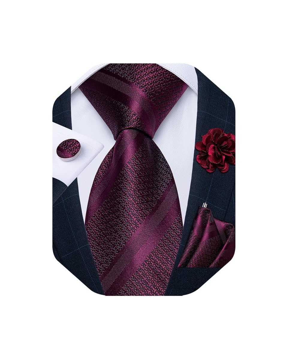 Mens Tie and Lapel Pin Set Silk Plaid Solid Paisley Necktie & Pocket Square Cufflinks for Wedding Party