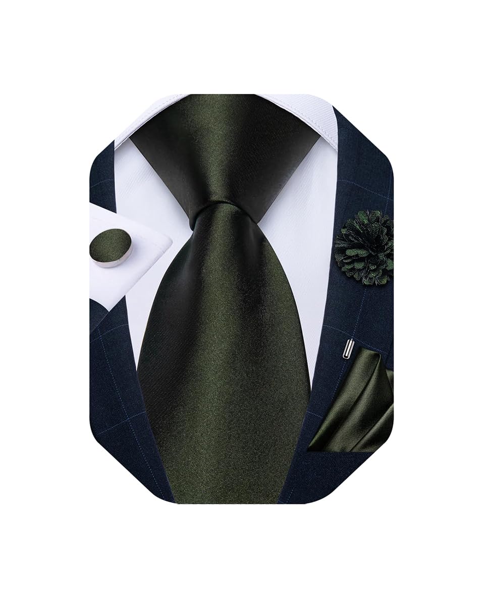 Mens Tie and Lapel Pin Set Silk Plaid Solid Paisley Necktie & Pocket Square Cufflinks for Wedding Party