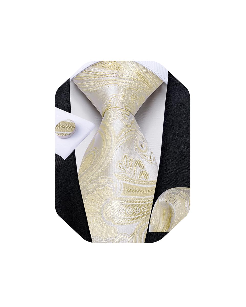 Mens Tie Set Silk Solid Paisley Necktie and Pocket Square Cufflinks Classic Formal Ties for Men Wedding Party