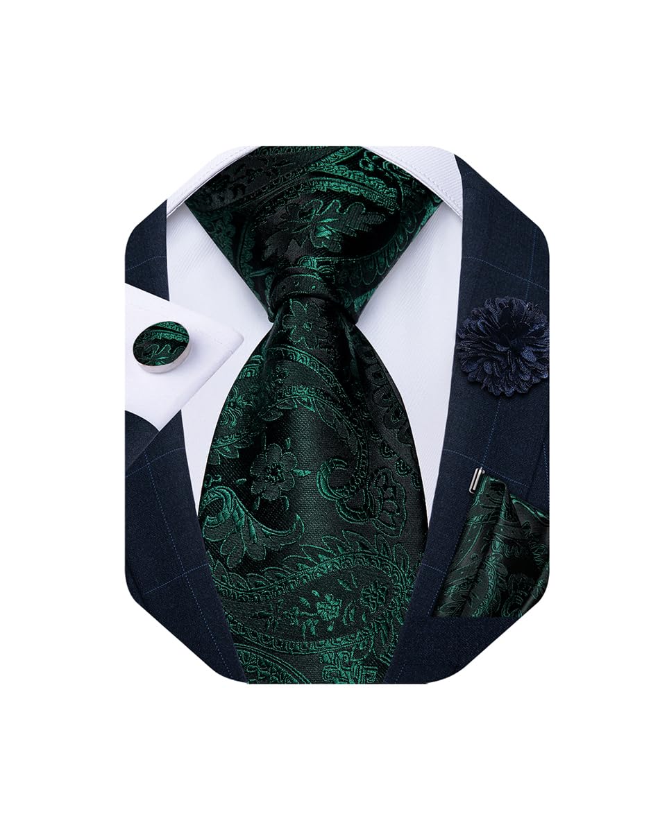 Mens Tie and Lapel Pin Set Silk Plaid Solid Paisley Necktie & Pocket Square Cufflinks for Wedding Party