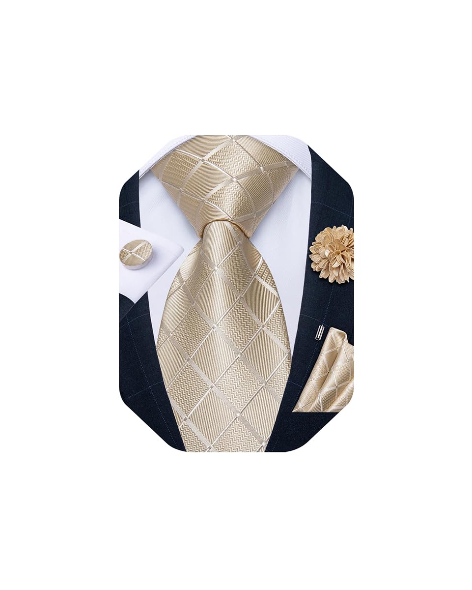 Mens Tie and Lapel Pin Set Silk Plaid Solid Paisley Necktie & Pocket Square Cufflinks for Wedding Party