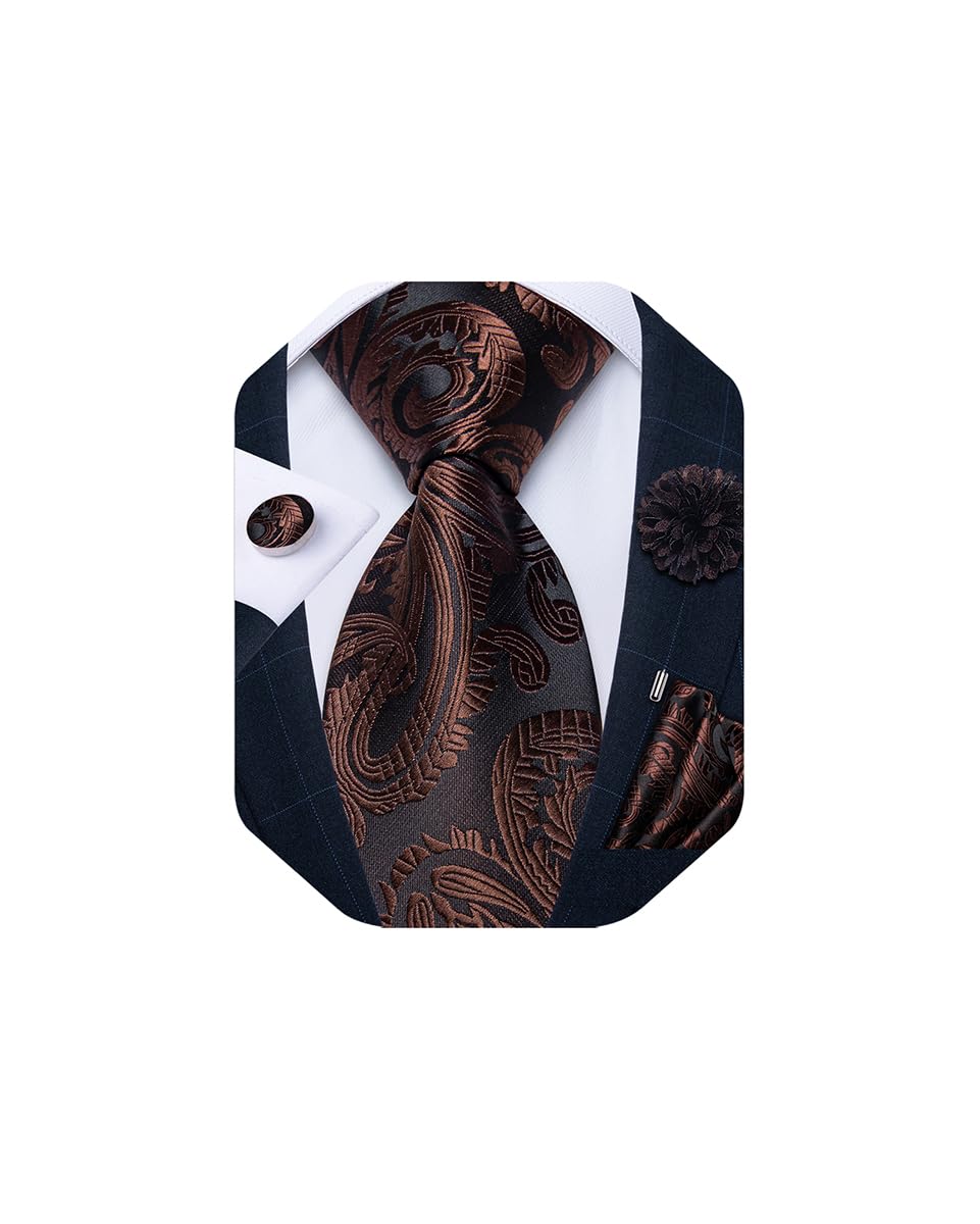 Mens Tie and Lapel Pin Set Silk Plaid Solid Paisley Necktie & Pocket Square Cufflinks for Wedding Party