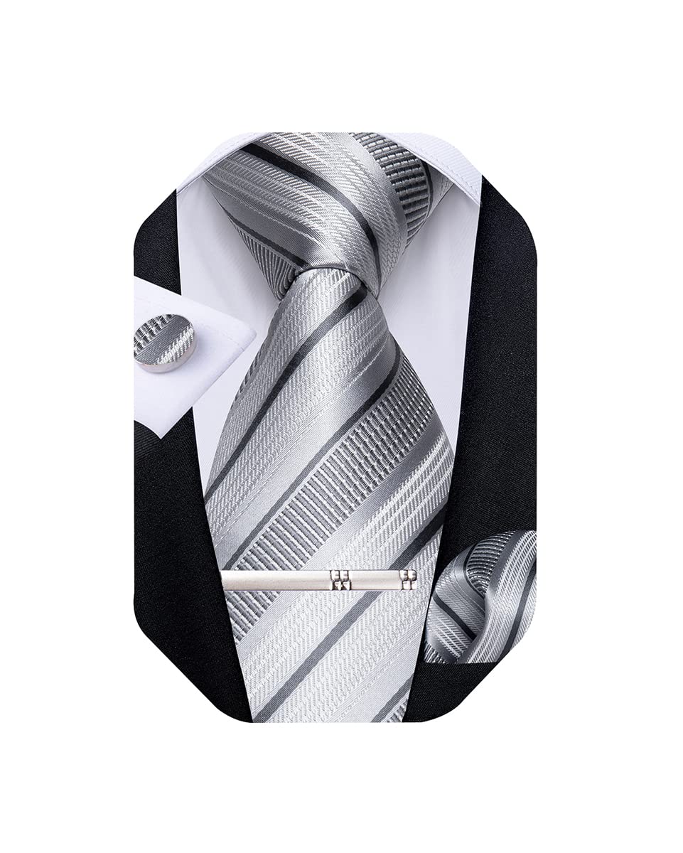Mens Striped Tie Silk Woven Necktie and Pocket Square Cufflinks Tie Clip Set Wedding Business Formal Gift Tie for Men