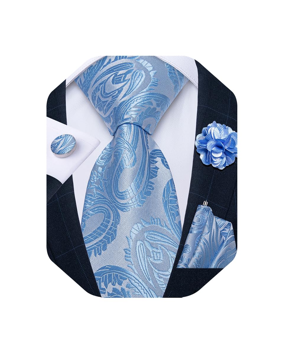 Mens Tie and Lapel Pin Set Silk Plaid Solid Paisley Necktie & Pocket Square Cufflinks for Wedding Party