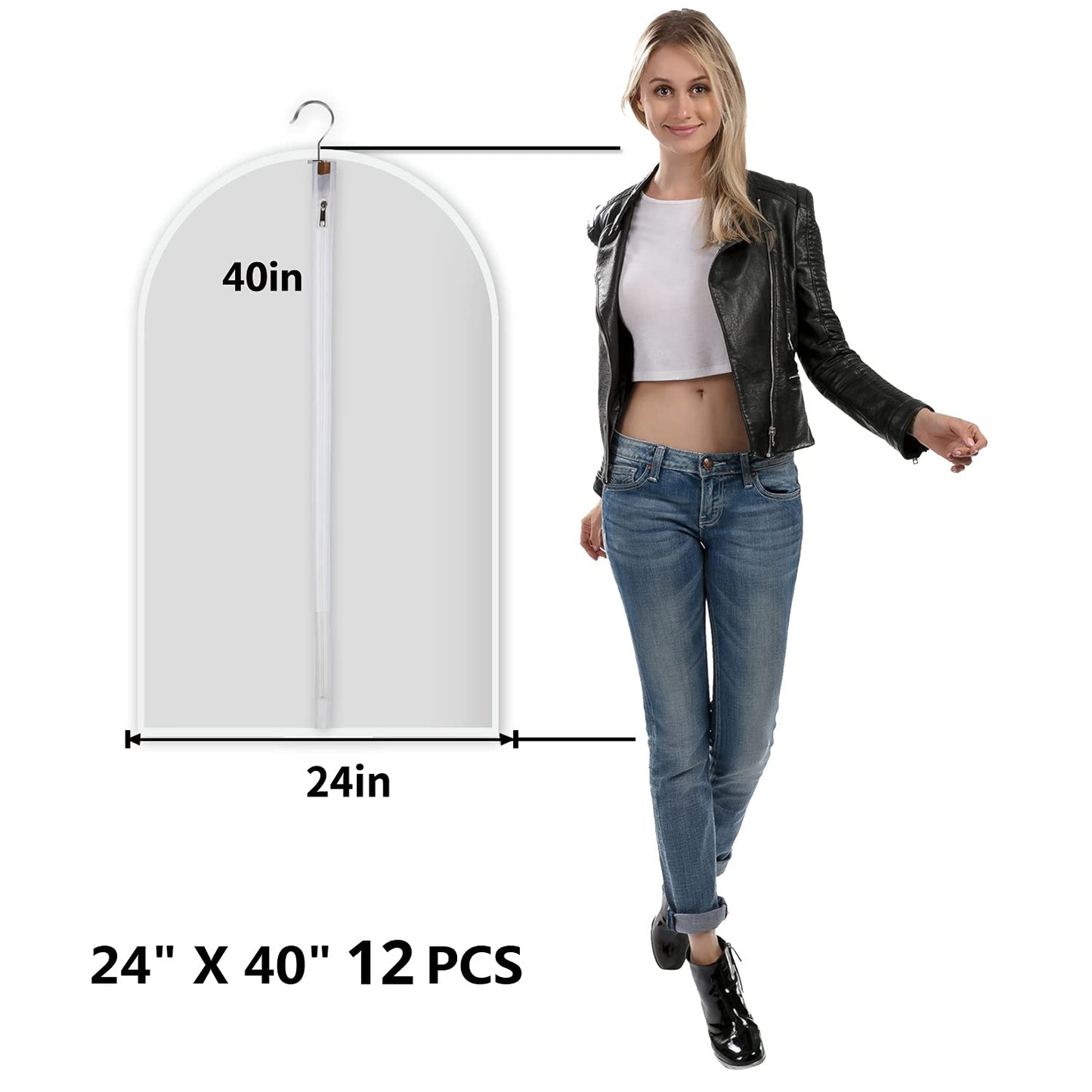 Clear Garment Bags Clothes Covers Protecting Dusts (Set of 12) for Storage Plastic Garment Bags Hanging Clothes Bags Dress Bag for Gowns Long with Zipper for Closet - 24'' x 40''/12 Pack