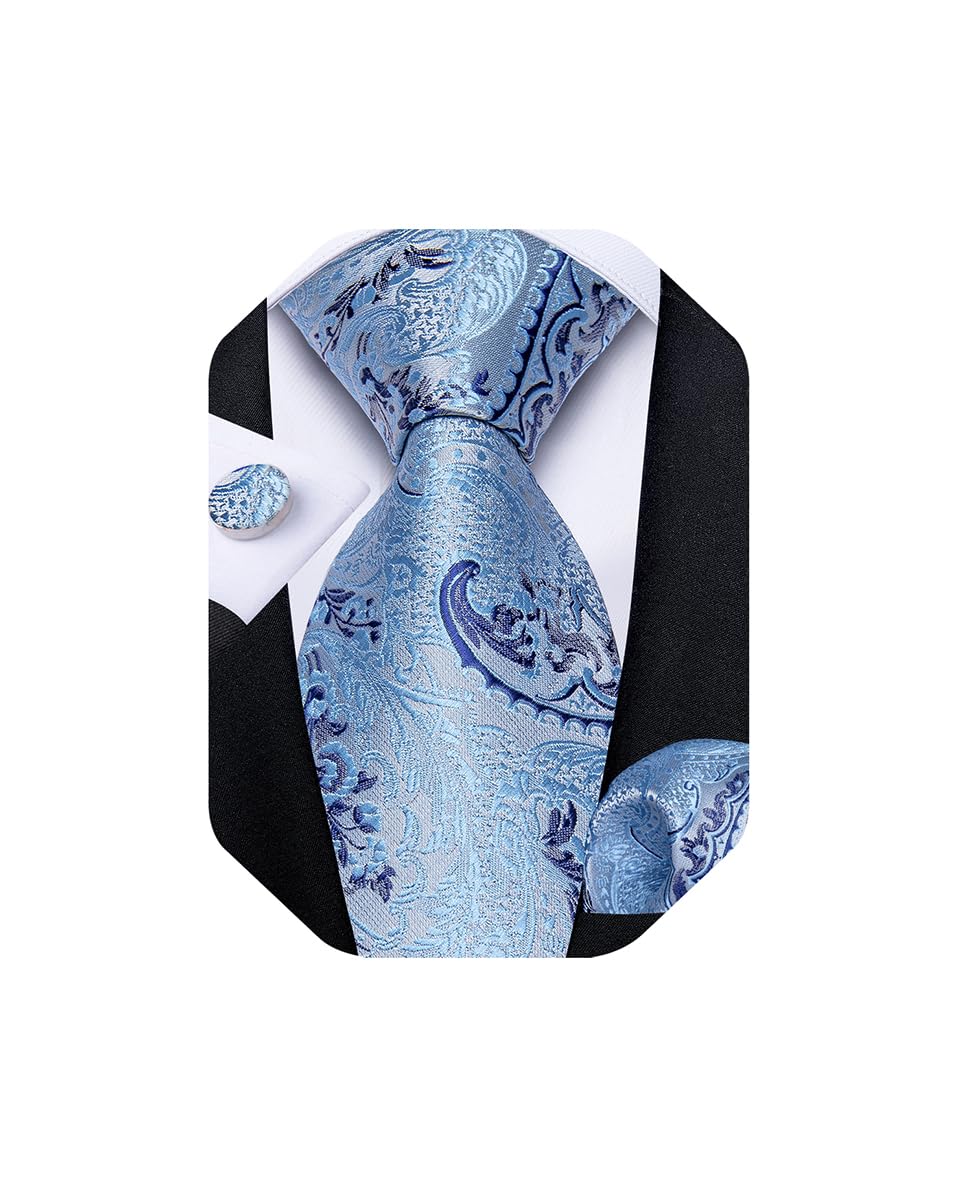 Mens Tie Set Silk Solid Paisley Necktie and Pocket Square Cufflinks Classic Formal Ties for Men Wedding Party