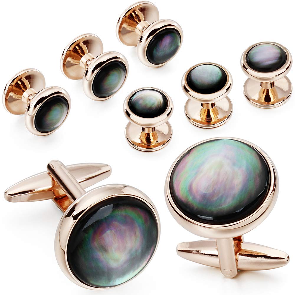 Cufflinks and Tuxedo Studs Set for Men with Gift Box, Mother-of-Pearl Cuff links for French Cuff Shirt and Dress Shirt, Suitable for Wedding, Birthday, Party
