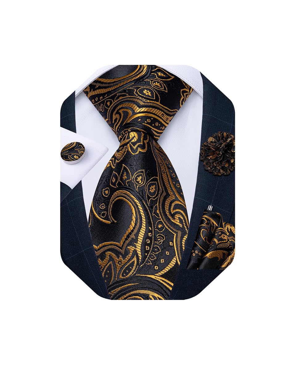 Mens Tie and Lapel Pin Set Silk Plaid Solid Paisley Necktie & Pocket Square Cufflinks for Wedding Party