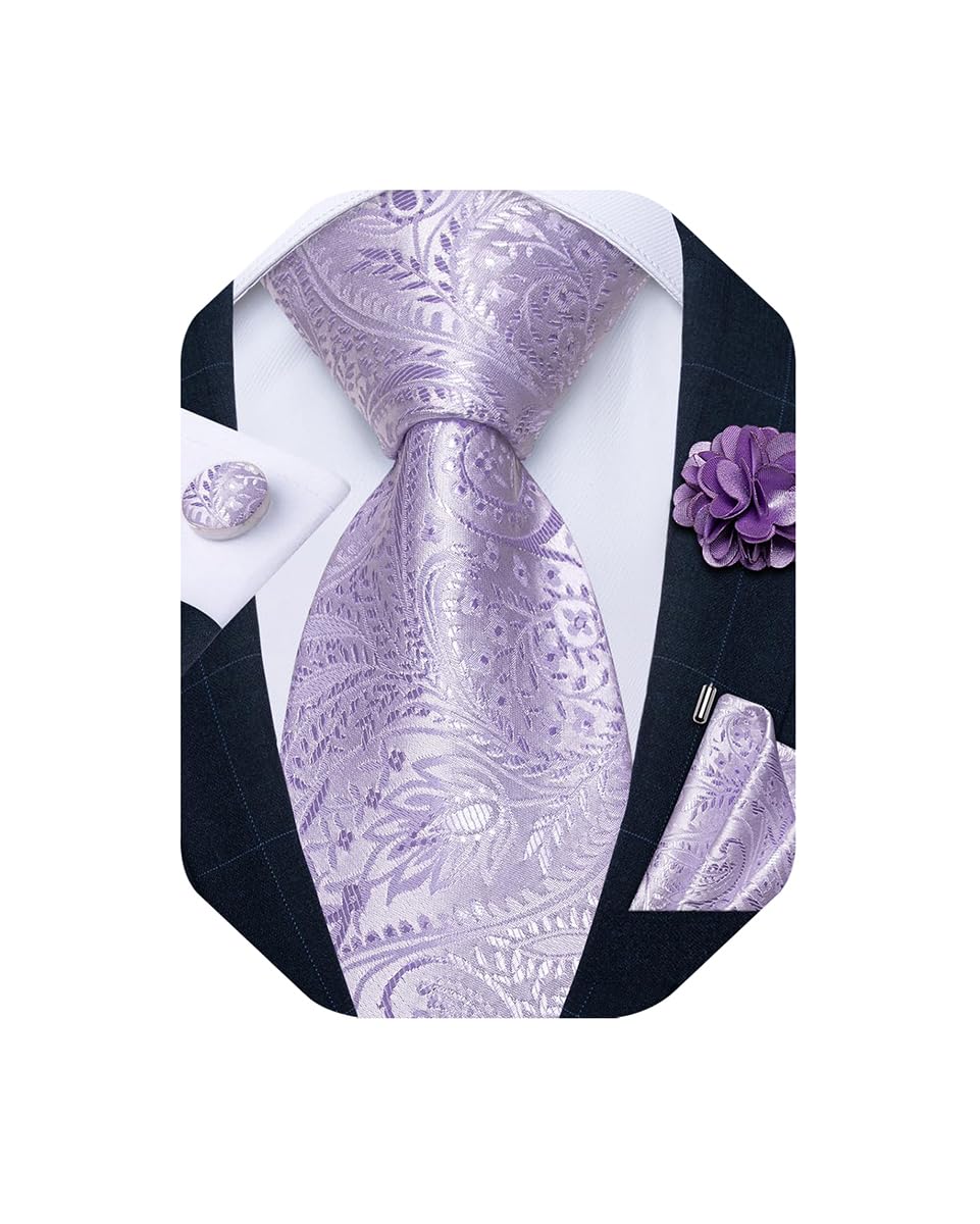 Mens Tie and Lapel Pin Set Silk Plaid Solid Paisley Necktie & Pocket Square Cufflinks for Wedding Party
