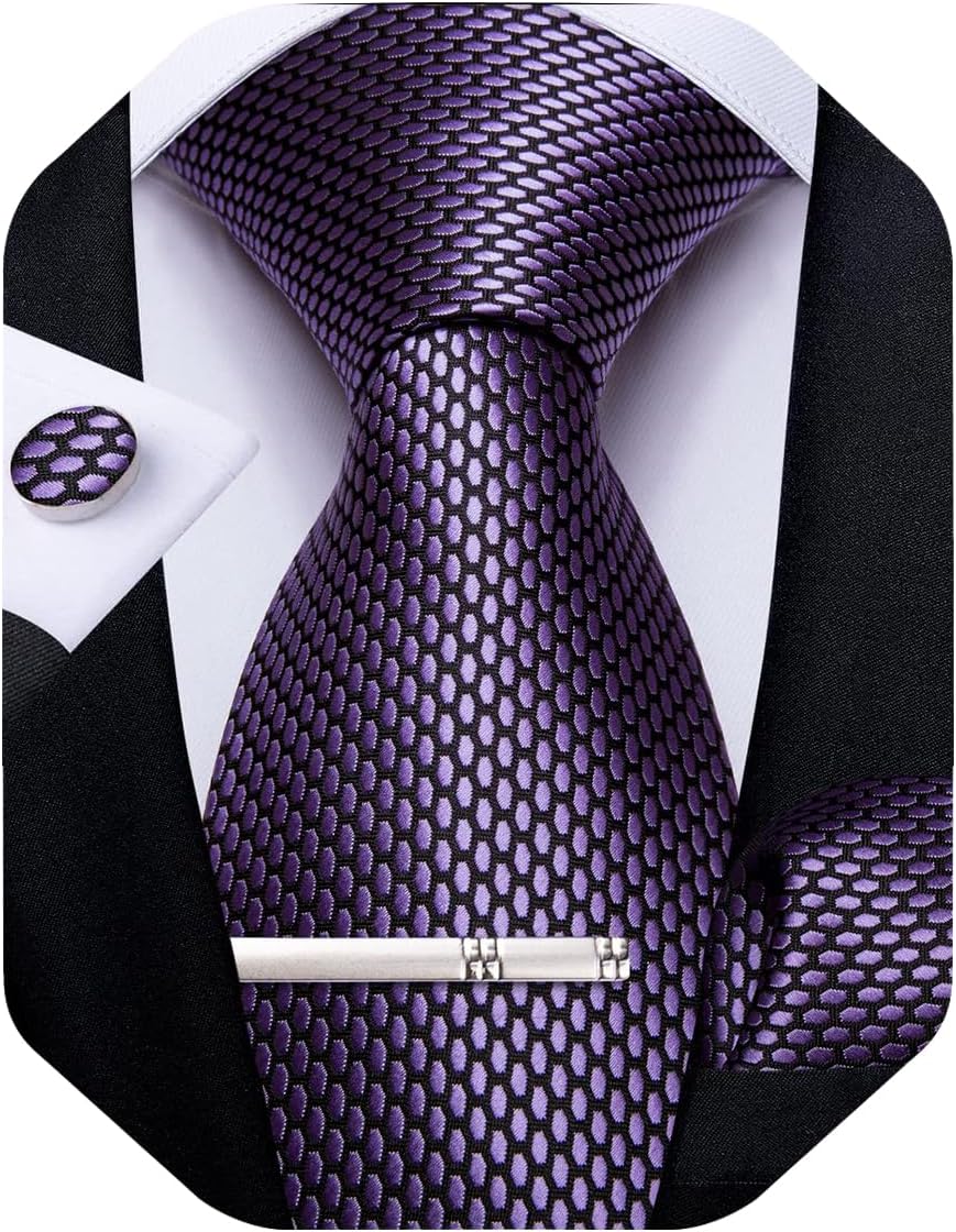 Plaid Ties for Men Silk Checkered Necktie and Pocket Square Cufflinks Tie Clip Set with Gift Box for Wedding Business
