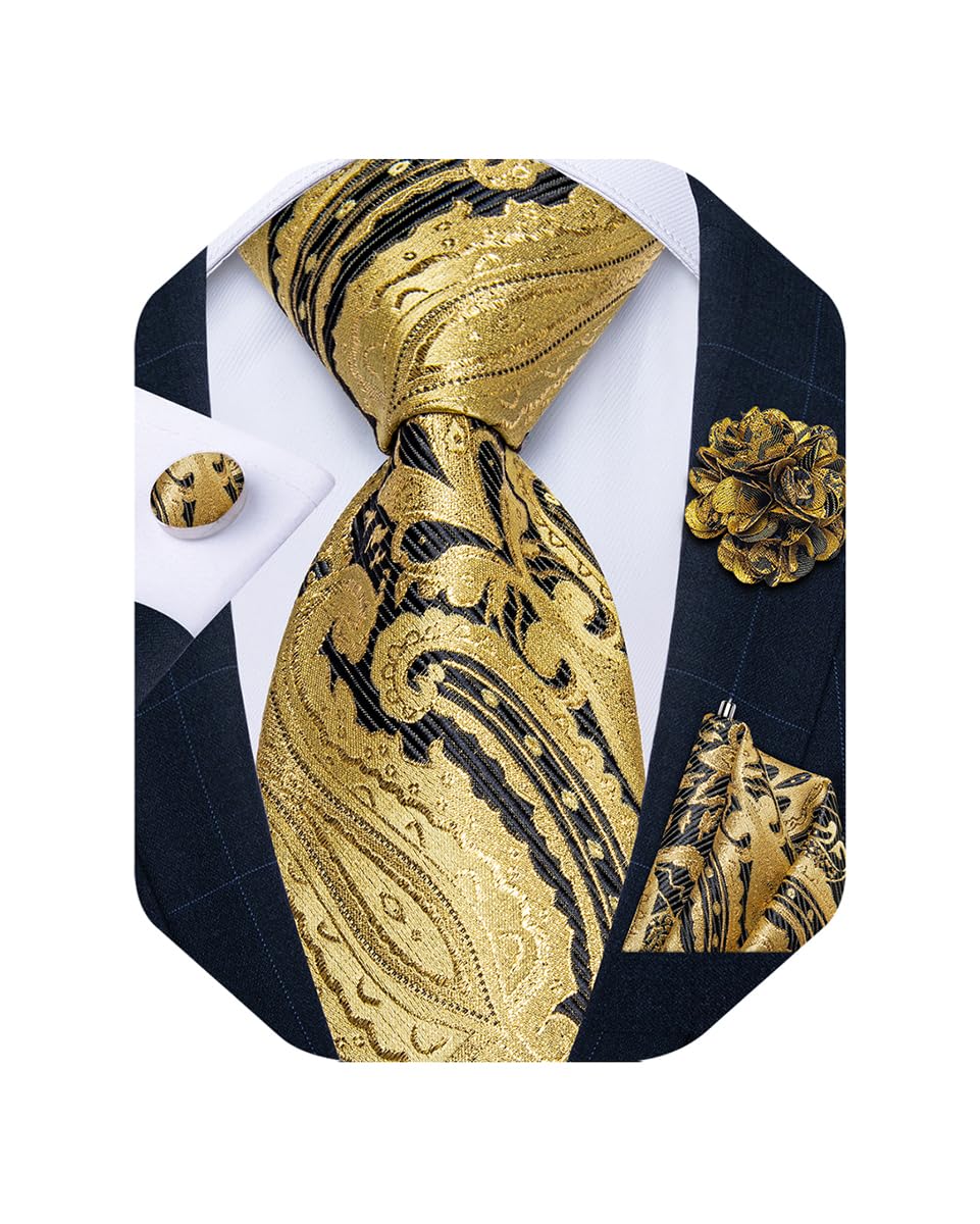 Mens Tie and Lapel Pin Set Silk Plaid Solid Paisley Necktie & Pocket Square Cufflinks for Wedding Party