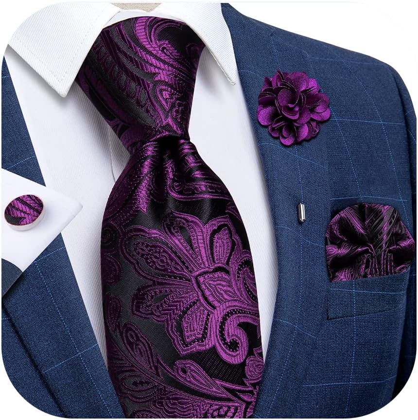 Silk Ties for Men Necktie and Lapel Pin Brooch Set Formal Woven Paisley Plaid Striped Solid Tie Wedding Party