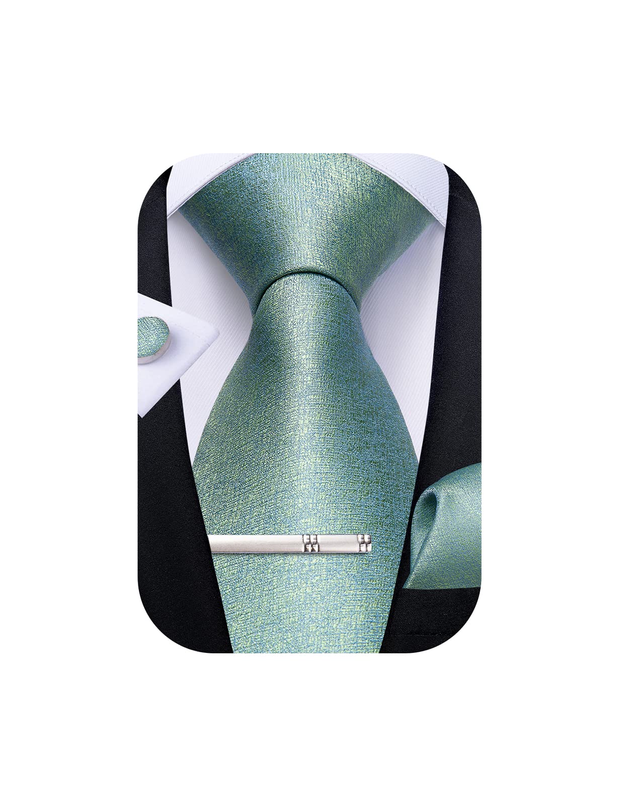 Mens Silk Necktie Solid Color Tie and Pocket Square Cufflink Tie Clip Set Woven Plain Ties for Men Wedding Party