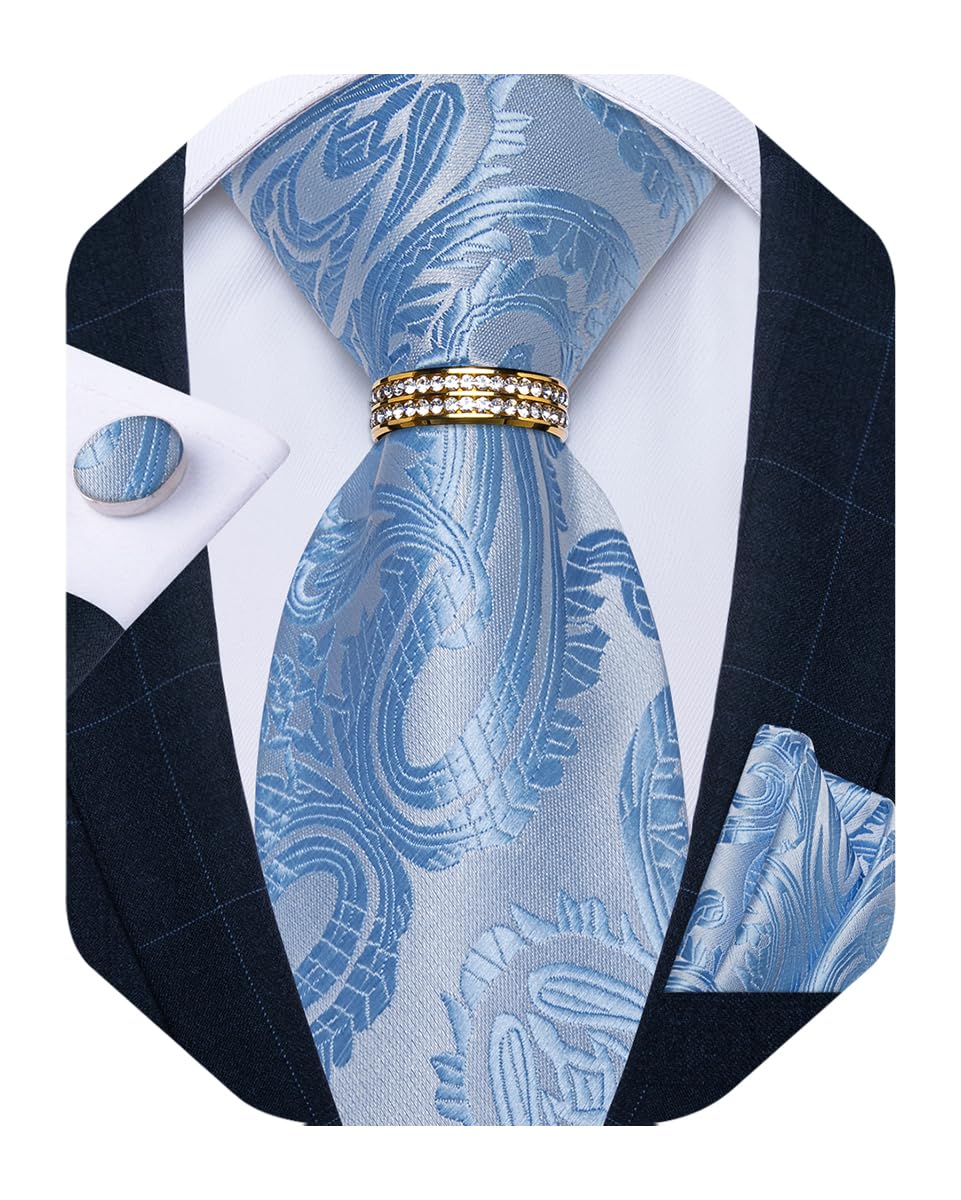 Mens Tie Set Silk Necktie and Gold Tie Ring Pocket Square Cufflinks Formal Business Wedding Ties with Gift Box