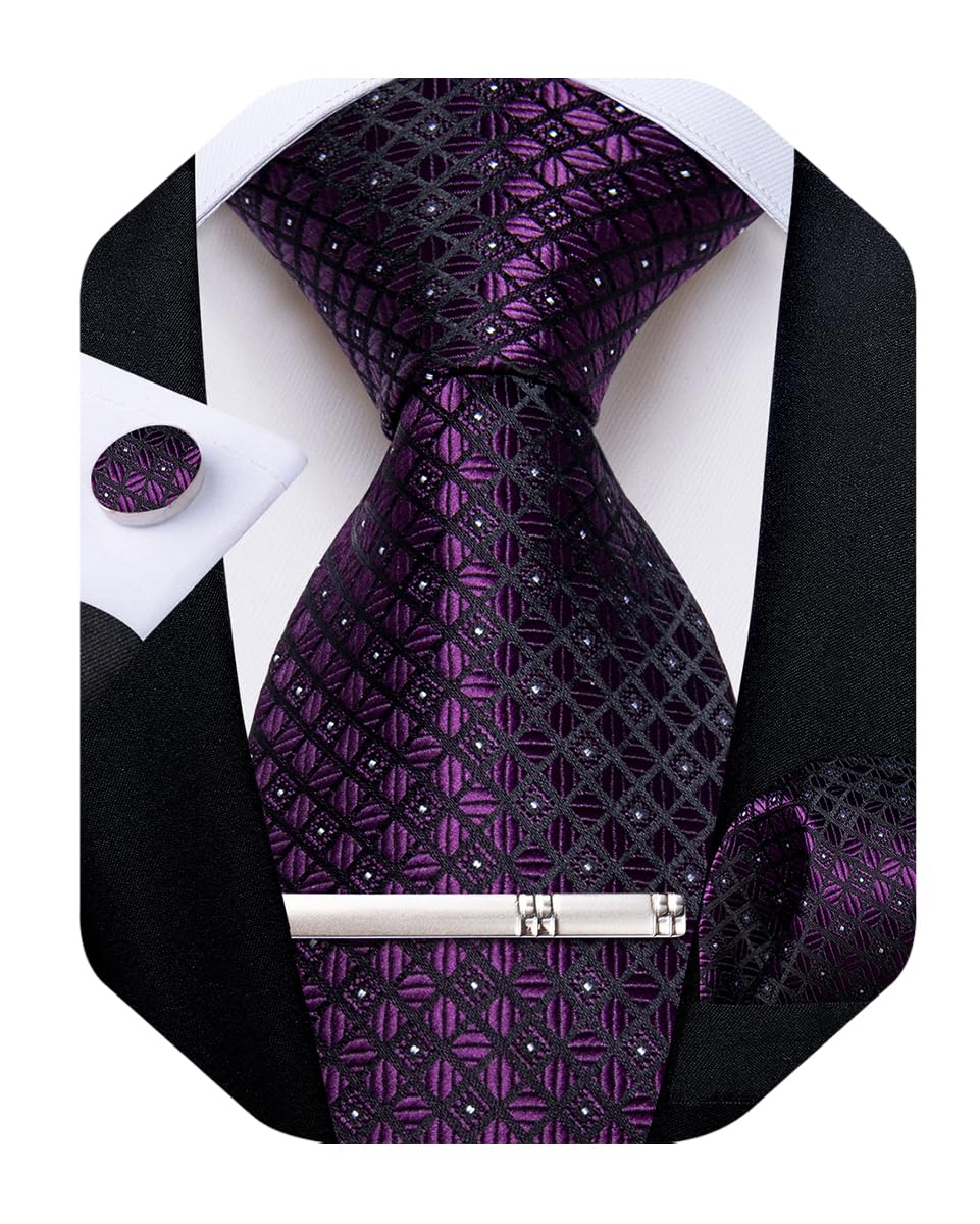Silk Ties for Men Formal Plaid Check Necktie and Pocket Square Cufflinks Tie Clip Set Wedding Necktie with Gift Box