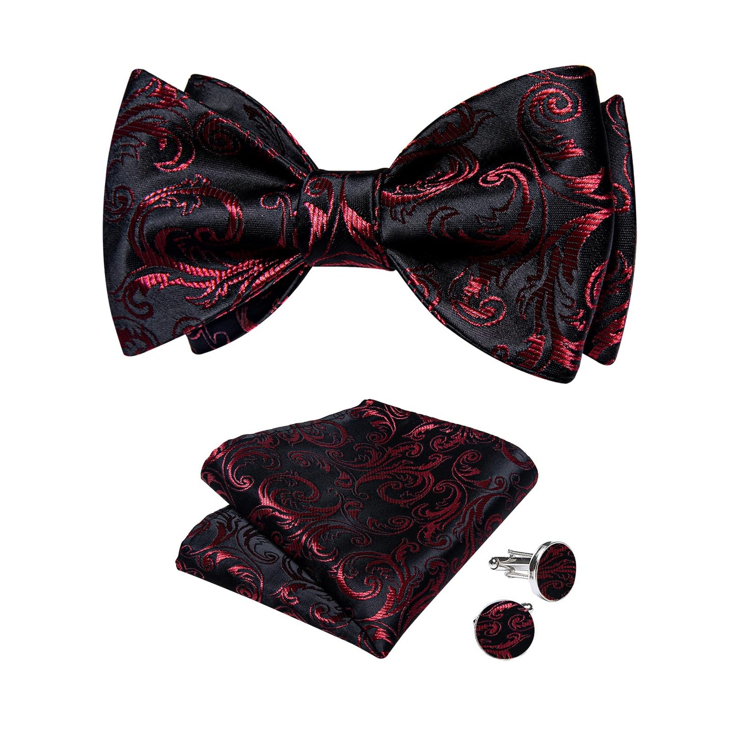 Mens Silk Self Bow Ties,Woven Solid Striped Paisley Bowtie and Pocket Square Cufflinks Set for Men Tuxedo Wedding
