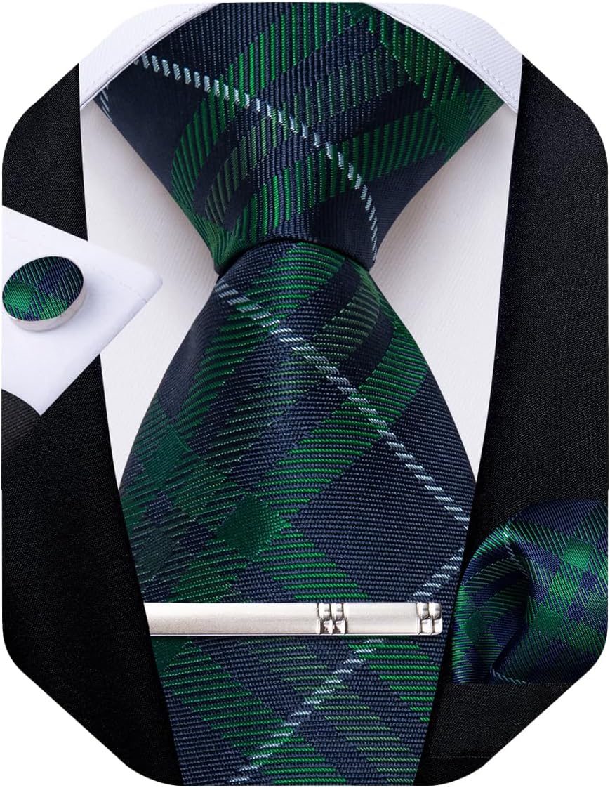 Mens Tie Silk Plaid Striped Necktie and Pocket Square Cufflinks Tie Clip Set with Gift Box Formal Wedding Party