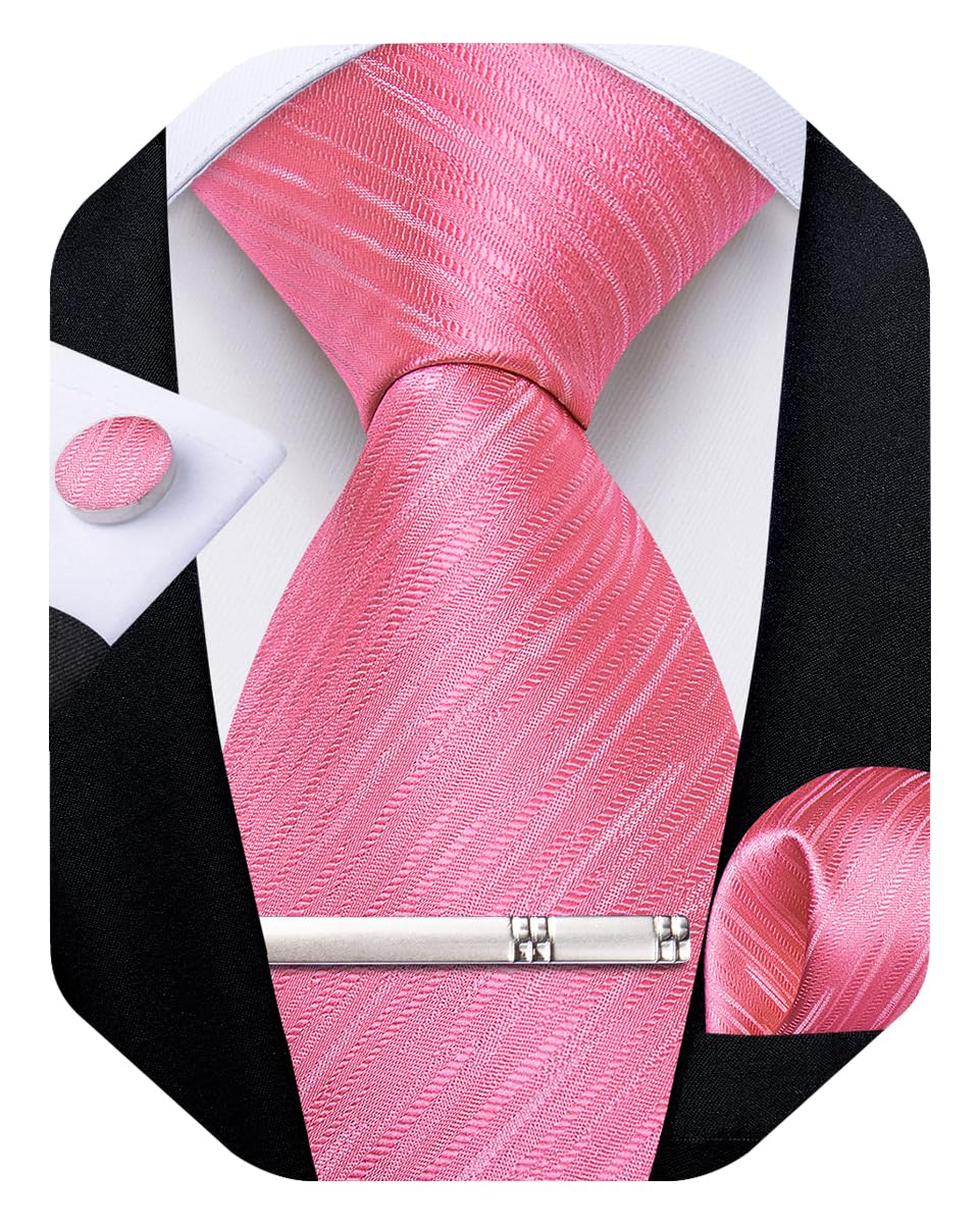 Mens Silk Necktie Solid Color Tie and Pocket Square Cufflink Tie Clip Set Woven Plain Ties for Men Wedding Party