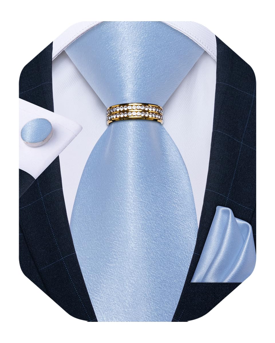Mens Tie Set Silk Necktie and Gold Tie Ring Pocket Square Cufflinks Formal Business Wedding Ties with Gift Box