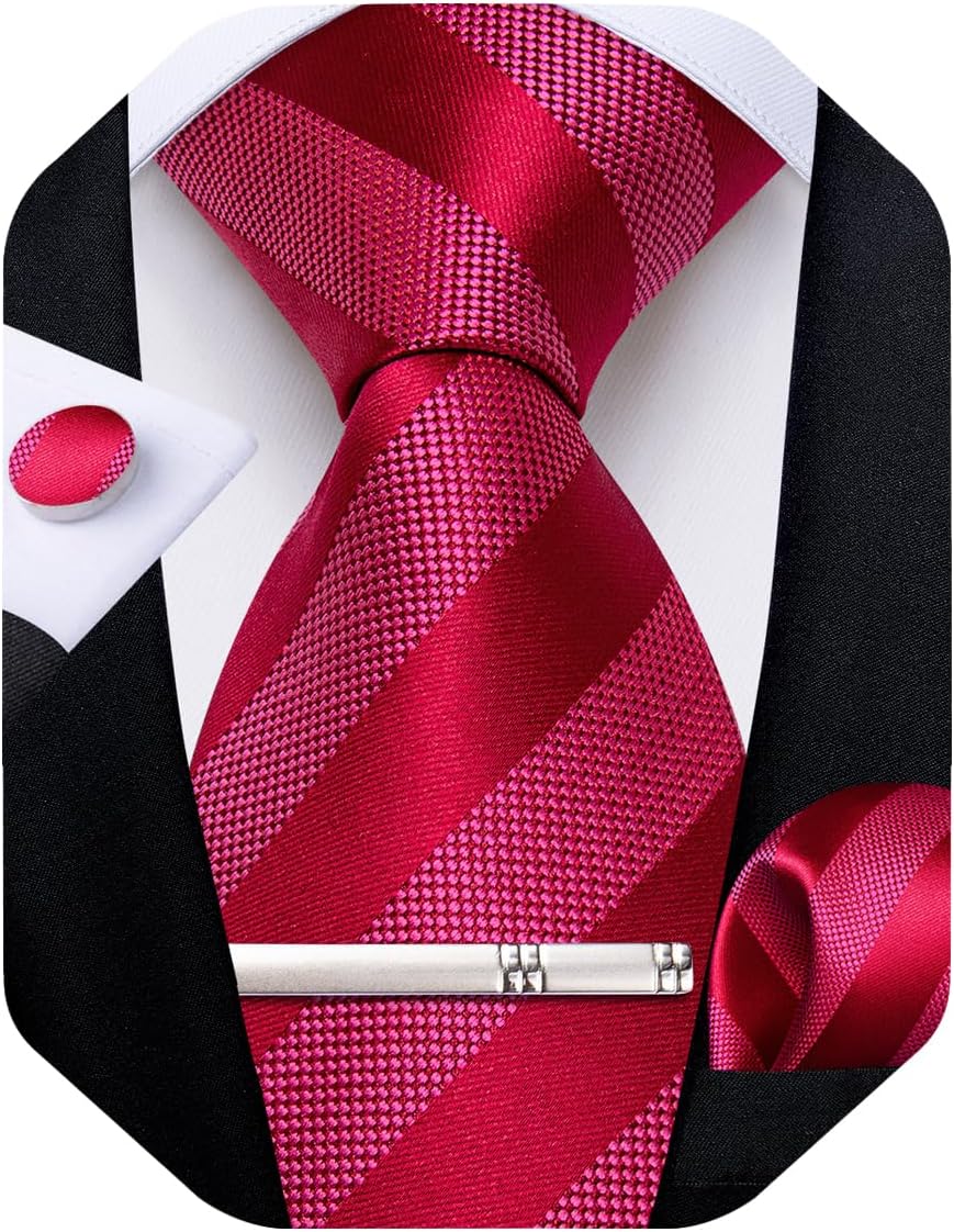 Mens Tie Silk Plaid Striped Necktie and Pocket Square Cufflinks Tie Clip Set with Gift Box Formal Wedding Party