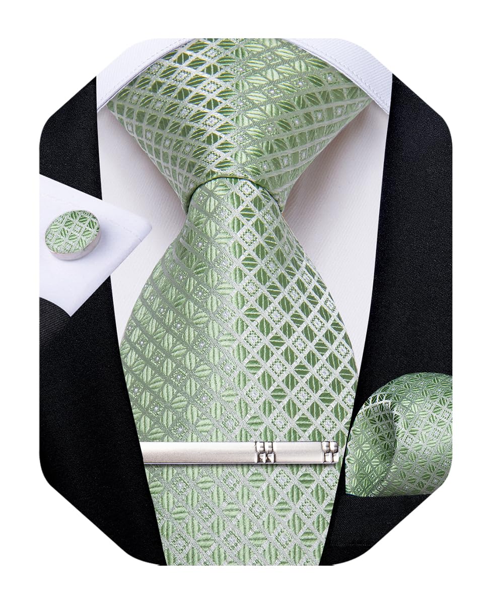 Silk Ties for Men Formal Plaid Check Necktie and Pocket Square Cufflinks Tie Clip Set Wedding Necktie with Gift Box