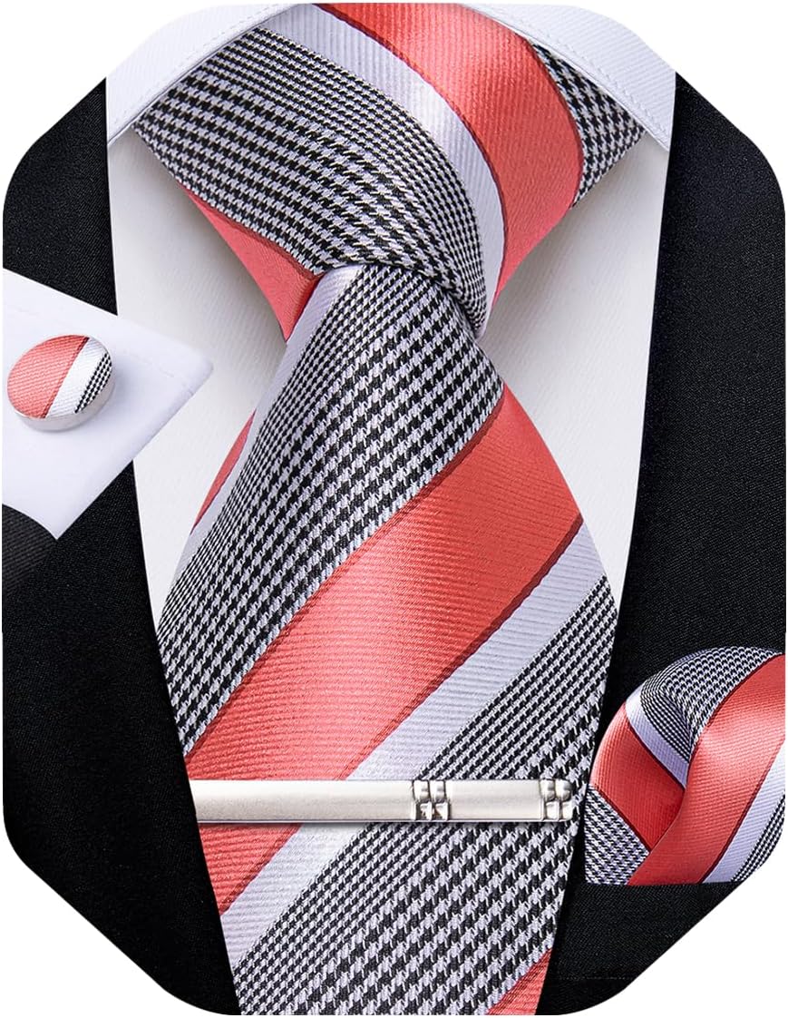 Mens Tie Silk Plaid Striped Necktie and Pocket Square Cufflinks Tie Clip Set with Gift Box Formal Wedding Party