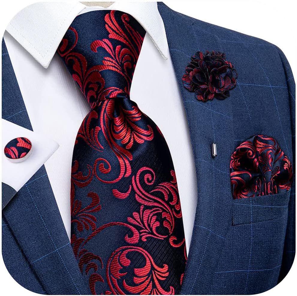 Silk Ties for Men Necktie and Lapel Pin Brooch Set Formal Woven Paisley Plaid Striped Solid Tie Wedding Party