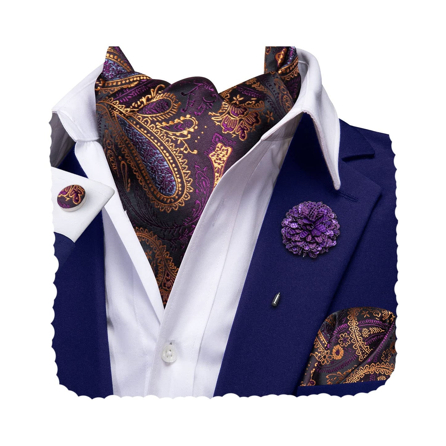 Silk Ascot for Men Self Tie Men's Cravat and Flower Lapel Pin Handkerchief Cufflinks Set for Wedding Party