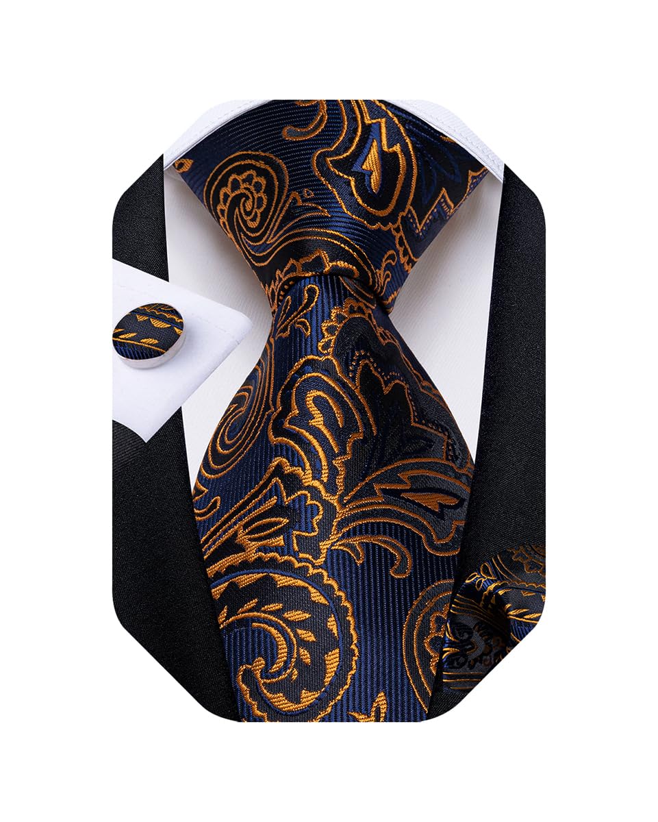 Mens Tie Set Silk Solid Paisley Necktie and Pocket Square Cufflinks Classic Formal Ties for Men Wedding Party