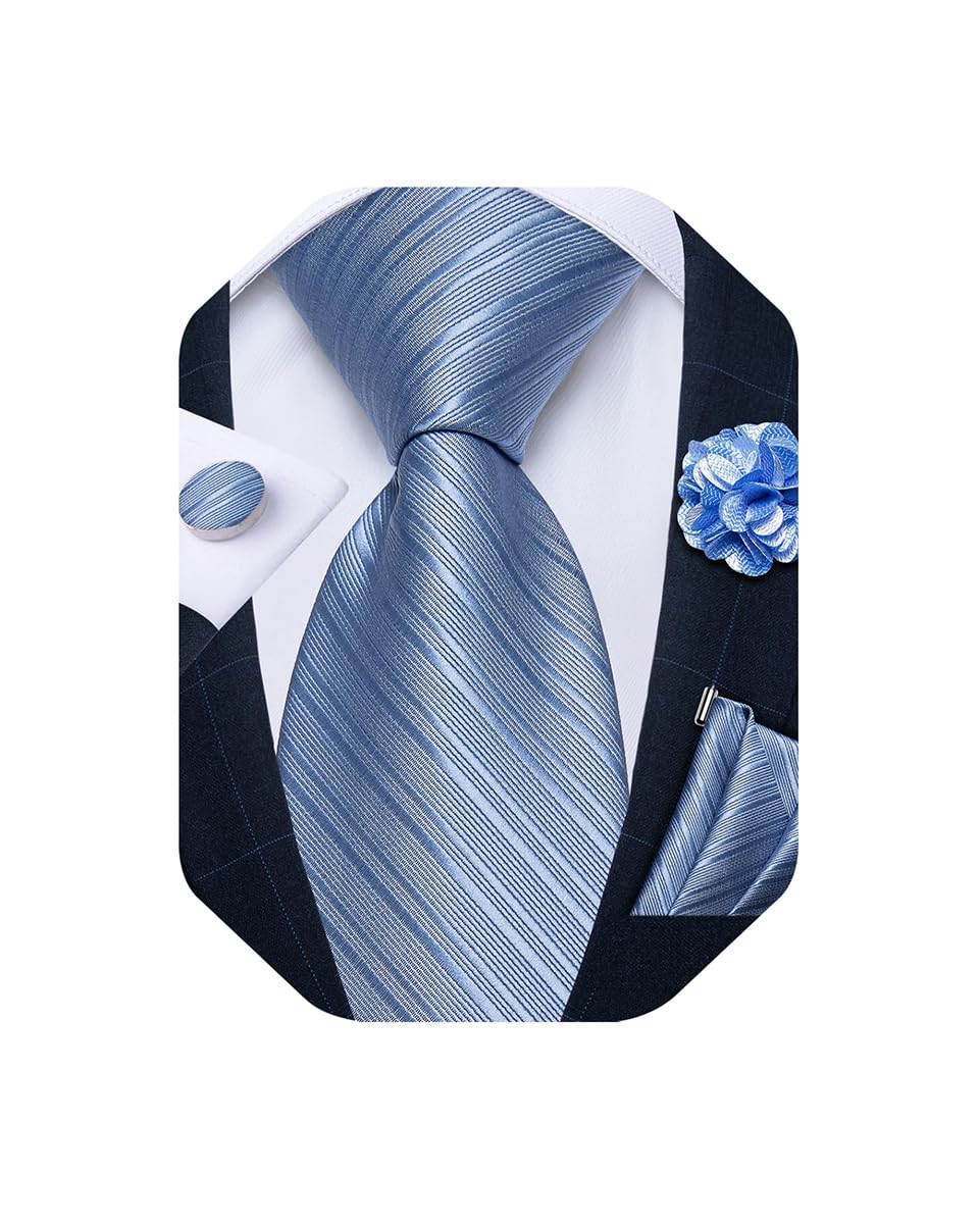 Mens Tie and Lapel Pin Set Silk Plaid Solid Paisley Necktie & Pocket Square Cufflinks for Wedding Party
