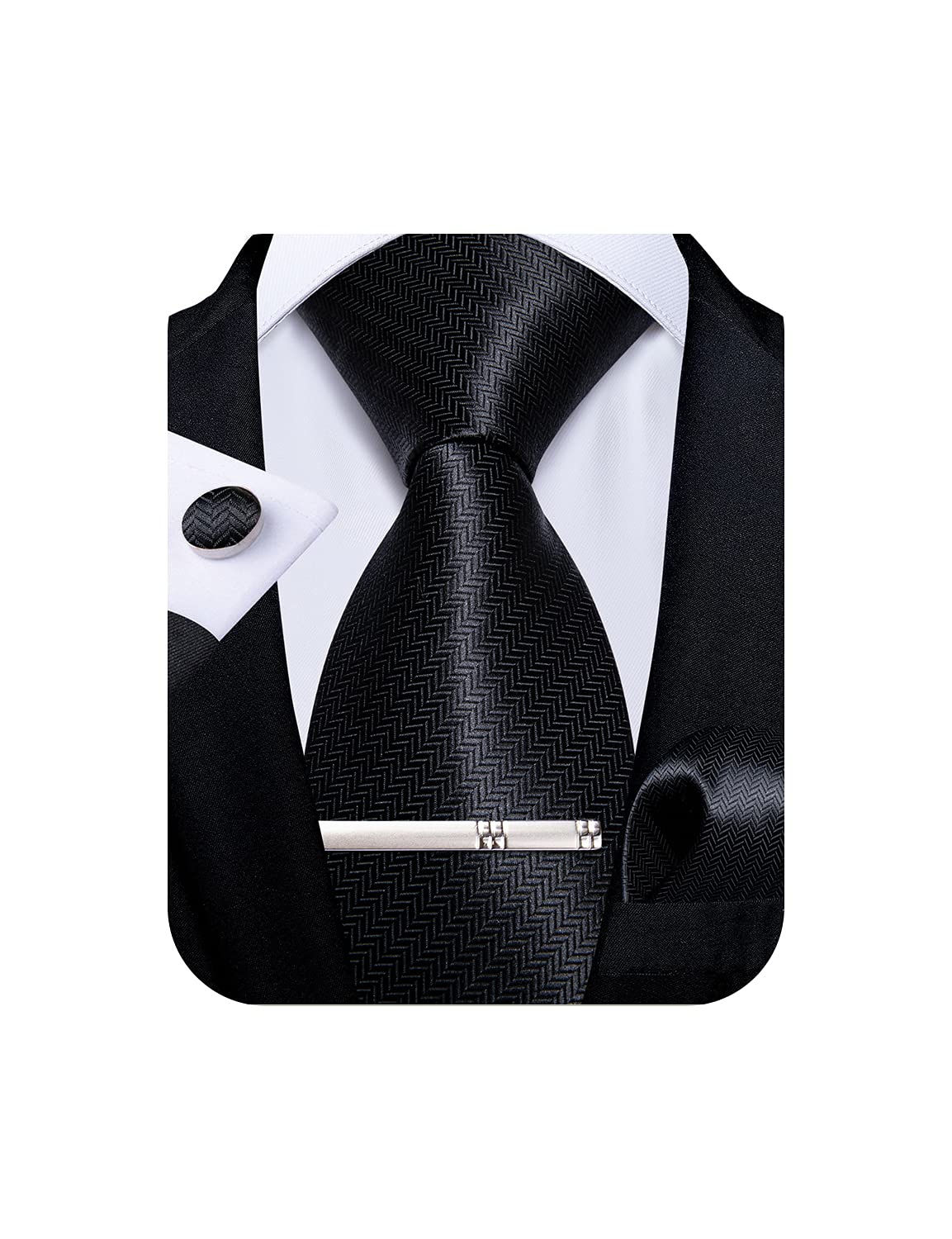 Mens Silk Necktie Solid Color Tie and Pocket Square Cufflink Tie Clip Set Woven Plain Ties for Men Wedding Party