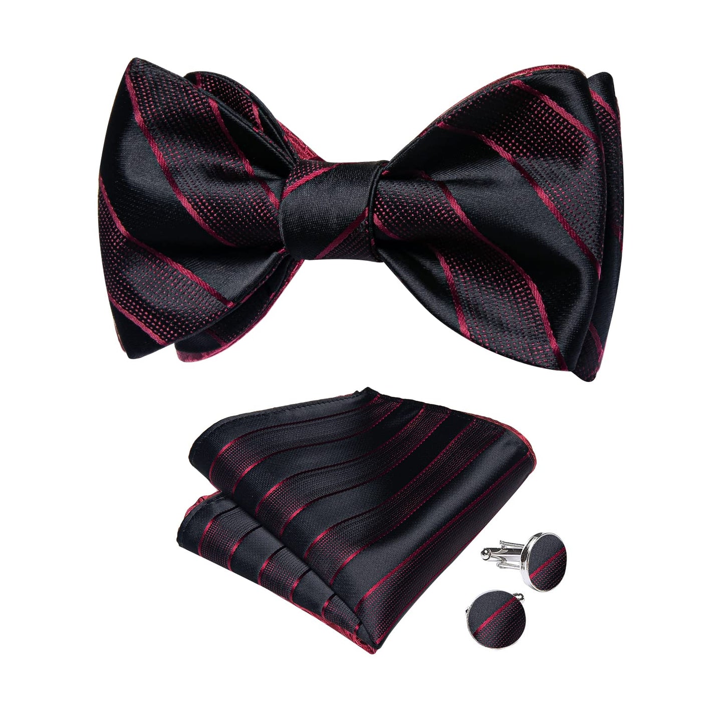 Mens Silk Self Bow Ties,Woven Solid Striped Paisley Bowtie and Pocket Square Cufflinks Set for Men Tuxedo Wedding