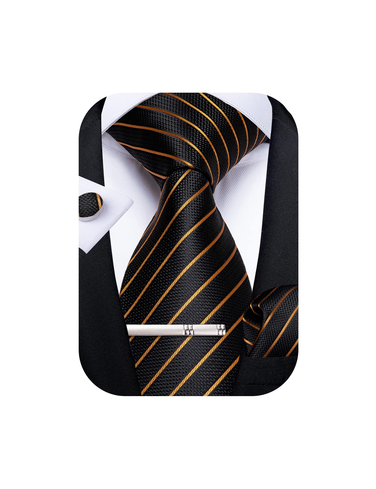 Mens Striped Tie Silk Woven Necktie and Pocket Square Cufflinks Tie Clip Set Wedding Business Formal Gift Tie for Men