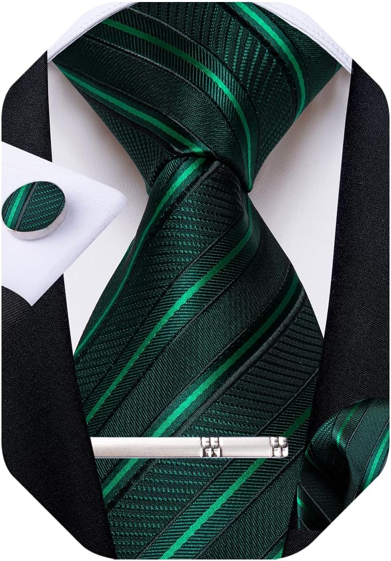 Mens Tie Silk Plaid Striped Necktie and Pocket Square Cufflinks Tie Clip Set with Gift Box Formal Wedding Party